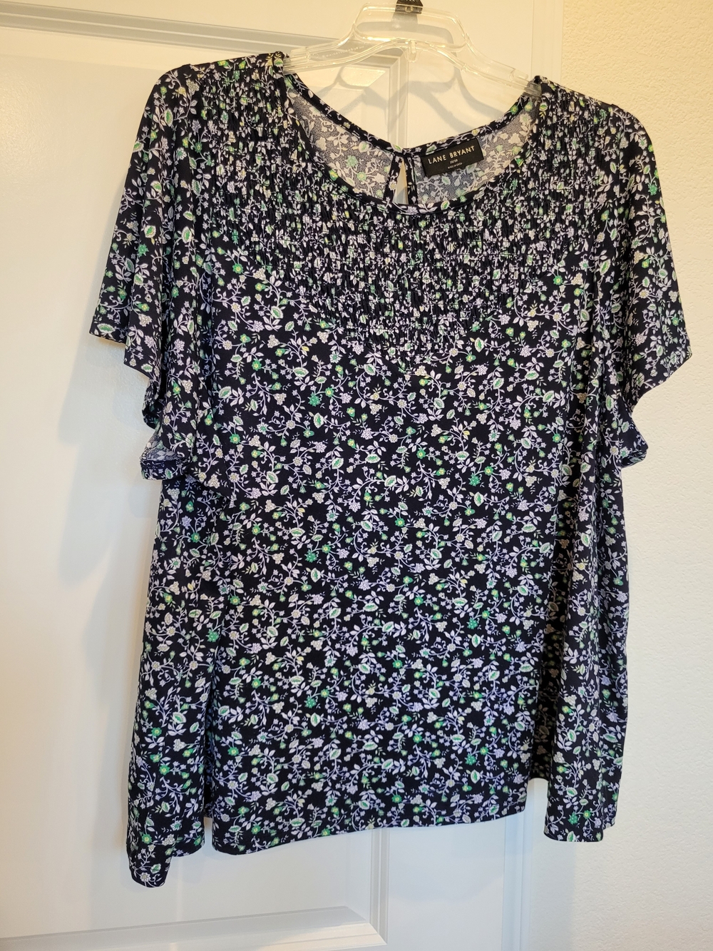 Lane Bryant Navy Floral Smocked Yoke Flutter Sleeve Blouse 26/28